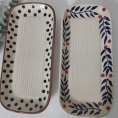 Two ceramic Rectangular platter. One with polka dots at the border and the other with red and black floral print at the border Painting Platter Ideas, Painted Ceramic Serving Platter, Hand Painted Platters Ceramics, Ceramic Painting Ideas Plates Serving Platters, Serving Platter Painting Ideas, Hand Painted Platter, Ceramic Art Painting Ideas Plate, Pottery Painting Tray, Ceramic Tray Painting Ideas