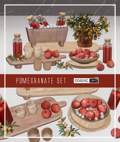 a set of different items that include pomegranates