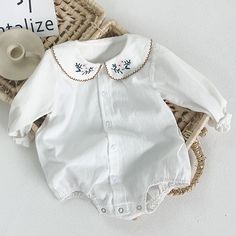 Cute Cotton Jumpsuits And Rompers With Long Sleeves, Cute Cotton Jumpsuit With Long Sleeves, White Cotton Long Sleeve Bodysuit, Embroidered Cotton Jumpsuits And Rompers For Spring, Cute White Long Sleeve Bodysuit, Cute White Jumpsuits And Rompers For Fall, Cotton Romper, Sleeve Cotton, A 4