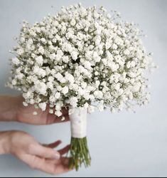 a bouquet of white flowers being held by someone's hand