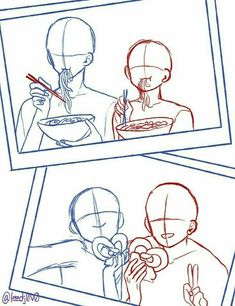 three pictures with the same person eating food and holding chopsticks in their hands