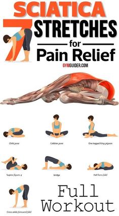 the cover of sciatica stretches for pain relief, with instructions to do it