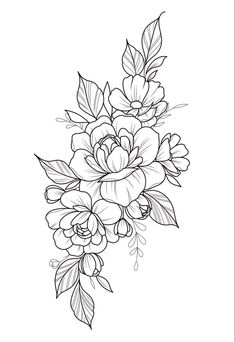 a black and white drawing of flowers with leaves on the bottom half of each flower