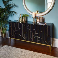 Gatsby 4 Door Sideboard – Noir Black - Laura James Storing Glassware, Deco Console Table, Deco Console, Art Deco Console Table, Art Deco Console, Deco Sideboard, Bookcase Lighting, Laura James, Art Deco Sideboard