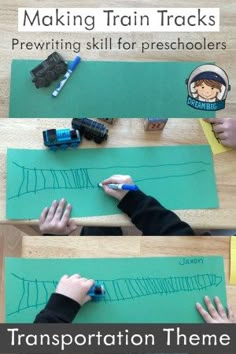 kids are making train tracks with their hands and writing on the paper that says transportation theme