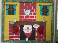 a christmas bulletin board with santa's stockings hanging on the wall and a clock