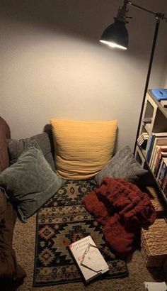 a living room filled with lots of furniture and books on top of a carpeted floor