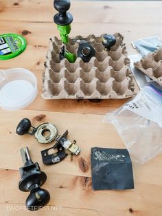 an egg carton and other items on a table