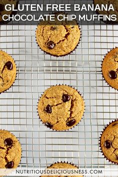 gluten free banana chocolate chip muffins on a cooling rack with text overlay