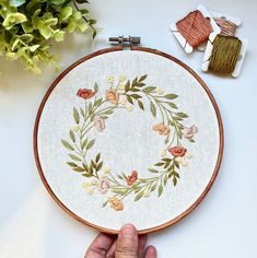 a hand is holding a embroidery hoop with flowers on it