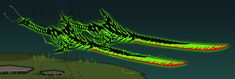 an alien like creature is flying through the air with green and red streaks on it's wings