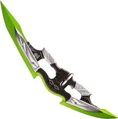 a green and black knife on a white background