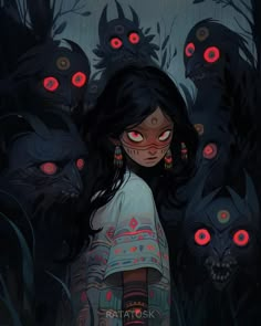 a woman with red eyes standing in front of some demonic looking monsters and glowing eyes