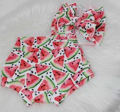 "This \"Watermelon Slices\" set is so adorable! The bummies set makes for the perfect baby shower gift, photo prop, smash cake prop, or just for everyday wear! Our bummies are made of a soft textured polyester/spandex blend which means they feel great, wear well and look fabulous. Bummies have a high waist band with banded legs making them super comfy while sitting, standing, walking or crawling! Comes with optional 4\"bow on nylon or 5\" bow headwrap, make your selection from the drop-down menu Playful White Diaper Cover For Summer, Playful Sets For Easter Playtime, Red Summer Birthday Sets, Cute Summer Diaper Cover For First Birthday, Cute Summer Beach Diaper Cover, Cute Summer Sets With Matching Headband, Playful Multicolor Birthday Sets, Cute Diaper Cover For First Birthday, Playful Pink Diaper Cover For Summer