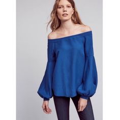 Gorgeous Top From Anthropologie. Brand Is Floreat. Size 4. Off Shoulder Balloon Sleeve Top. Nwot- Never Worn. Measures Approx 18” Pit To Pit And 20” Down Smoke Free Pet Friendly Home Blue Balloon Sleeve Blouse For Fall, Trendy Blue Blouse For Fall, Blue Off-shoulder Top For Fall, Blue Fitted Blouse With Balloon Sleeves, Blue Fitted Top With Balloon Sleeves, Blue Fitted Versatile Blouse, Fitted Blue Versatile Blouse, Versatile Fitted Blue Blouse, Trendy Blue Balloon Sleeve Tops