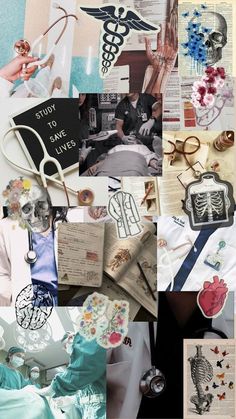 a collage of photos with various medical related items on them, including an open book and stethoscope