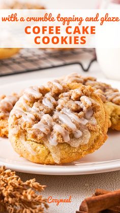 coffee cake cookies on a white plate with cinnamon sprinkles and text overlay