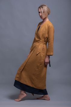 ShantimaShop -Mustard Linen Wrap Kimono Dress ADAME Washed Linen Cardigan | Etsy Flax Clothing, Long Linen Skirt, Kimono Style Dress, Kimono Wrap Dress, Linen Kimono, Linen Robe, Petite Maxi Dress, Mode Kimono, Linen Tunic Dress