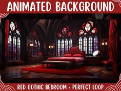 an animated bedroom with red bedding and large stained glass windows on the walls, along with a red carpeted floor