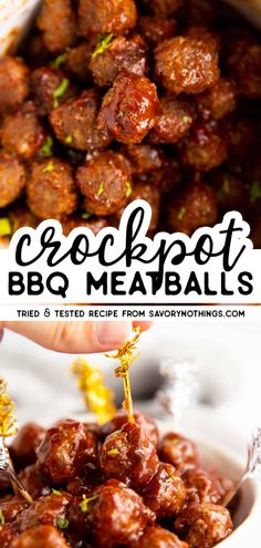 crockpot bbq meatballs in a white bowl with the title above it