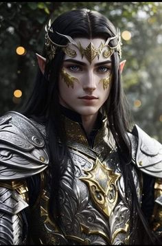 a woman with long black hair wearing armor and gold makeup is standing in front of some lights