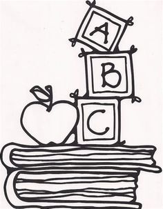 a black and white drawing of an apple sitting on top of stacked books with letters