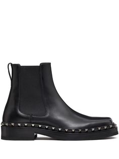 black calf leather square toe Rockstud detailing elasticated side panel rear pull tab low stacked heel Chelsea Ankle Boots, Black Chelsea Boots, Pull Tab, Black Ankle Boots, Curator Style, Stacked Heel, Leather Ankle Boots, Valentino Garavani, Smooth Leather