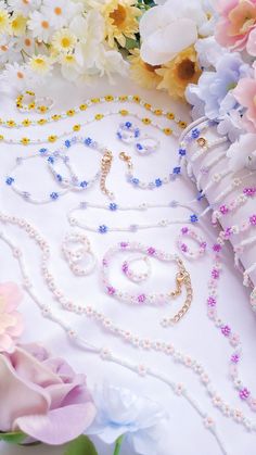 Bead Suga Jewelry, Cute Flower-shaped Colorful Beaded Necklaces, Cute Flower Beaded Necklaces With Colorful Beads, Delicate Beaded Flower Necklace, Cute Flower Jewelry For Jewelry Making, White Flower Necklace With Tiny Beads, White Flower Shaped Beads For Jewelry Making, Cute Spacer Beads For Jewelry Making, Dainty Flower-shaped Jewelry With Colorful Beads