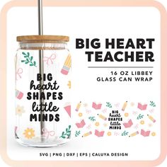 the big heart teacher glass tumbler is shown with its lid and straw in it