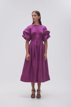 Adelie Puff Sleeve Midi Dress | Plum Purple | Aje – Aje ROW Puff Sleeve Midi Dress, Flowing Skirt, Summer 24, Line Shopping, Plum Purple, Sleeve Midi Dress, Cotton Voile, S Models, Pleated Skirt