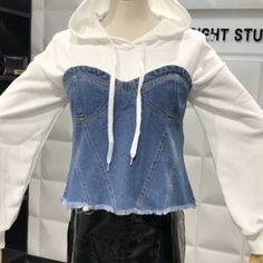 [Measurment] Length: 35cm Stretch Cotton Denim Top In Dark Wash, Dark Wash Stretch Cotton Denim Top, Casual Stretch Dark Wash Denim Top, Casual Dark Wash Stretch Denim Top, White Denim Top For Spring, White Stretch Denim Tops, White Denim Tops For Fall, Fitted Denim Blue Winter Top, Trendy Blue Denim Top For Winter