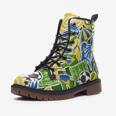 Brazilian Flag Boots Brazil Print Boots Green Yellow Vegan Leather Lace up boots Brasil Flag Colors Combat Boots Rubber sole Faux Leather Padded collar for added comfort Lace-up front Wide Fit PROCESSING : -Your Boots are made to order, meaning we print them special just for you when your order is placed. Please allow 2 - 7 business days for us to print your Boots. -The average shipping time is 7 - 20 business days depending on the delivery destination. Brasil Flag, Boots Colorful, Brazilian Flag, Print Boots, Fox Shirt, Boot Print, Leather Lace Up Boots, Flag Colors, Colorful Design