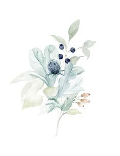 watercolor painting of blue flowers and leaves