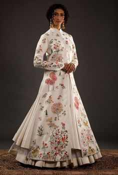 Rohit Bal-Ivory Embroidered Long Jacket-INDIASPOPUP.COM Luxury Art Silk Traditional Wear With Floral Embroidery, Luxury Traditional Wear With Intricate Embroidery For Celebrations, Luxury Chinon Gown With Intricate Embroidery, Luxury Traditional Wear With Intricate Embroidery, Rohit Bal Collection, Mandarin Collar Jacket, Black Anarkali, Creative Fashion Photography, Fashion Drawing Tutorial