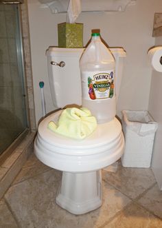 a bathroom with a toilet and cleaning supplies