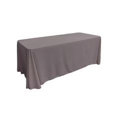 a long table covered with a gray cloth on it's end and an empty white background