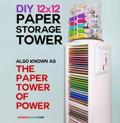 an advertisement for a paper storage tower with the words, diy 12x12 paper storage tower also known as the paper tower of power