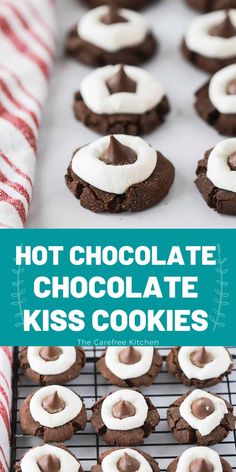 hot chocolate kiss cookies on a cooling rack with candy canes in the background and text overlay that reads, hot chocolate kiss cookies