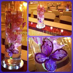 three pictures of purple flowers in a vase with candles on the table and one has a butterfly