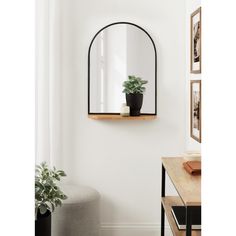 a mirror hanging on the wall next to a potted plant