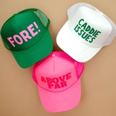 Get styled for the course! Golf Themes For Ladies, Golf Trucker Hat, Par Tee Golf Party, Women’s Golf Looks, Golf Bachelorette Ideas, Country Club Theme, Trucker Hat Designs, Masters Party, Golf Gift Basket Ideas