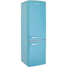 a blue refrigerator freezer sitting on top of a white floor next to a wall