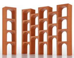 an orange book shelf with several arches on it's sides and one in the middle