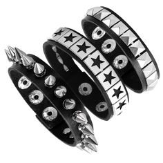 PRICES MAY VARY. Package Included : 1 * Punk Leather Spikes Bracelet + 1 * Classic Retro Leather Square Rivets Cuff Wristlet + 1 * Star Pattern Rivets Punk Wristband. Material : PU Leather + Premium Polished Alloy. Size : As the picture shown beside, these bracelets are designed with adjustable snap back button, just match them with your own size. Suitable Occasions : Guitar Shows, Night Club, Music Carnvial, Rock Concert, 80s theme Party, 90s theme Party, Rave Party, etc. Perfect Gift : These b Metal Studded Bracelets For Concerts, Metal Stud Bracelets For Concerts, Metal Studs Bracelet For Concerts, Metal Bracelets With Studs For Concerts, Gothic Jewelry With Rivets For Festivals, Black Spiked Jewelry For Concerts, Gothic Festival Jewelry With Rivets, Gothic Silver Jewelry With Rivets, Punk Jewelry With Spikes For Concerts