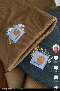 the back side of a brown sweater with patches on it and an image of a man's face