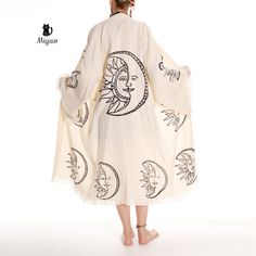 Introducing our Boho Moon and Sun Print Beach Kimono Robe, crafted with love from soft and breathable organic cotton. This versatile and stylish robe features a celestial-inspired design with enchanting moon and sun prints, perfect for adding a touch of bohemian flair to your beach or poolside look. Whether lounging by the water or strolling along the shore, this kimono robe is ideal for embracing comfort and effortless elegance. Stand out in style and eco-consciousness with this must-have addit Sun Prints, Towel Dress, Boho Moon, Moon And Sun, Beautiful Moon, Effortless Elegance, Boho Vibe