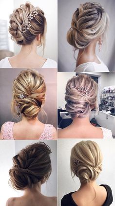 six pictures of different styles of hair in various positions, including braids and buns