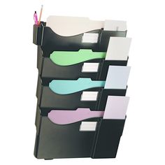 a black file holder holds several files and pencils in each section, with labels attached to it