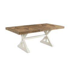 a wooden table with two white legs and an x - leg base on the top