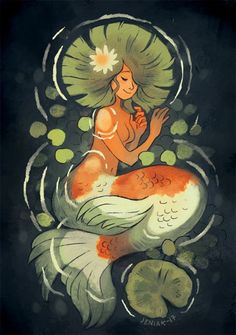 a painting of a woman sitting on top of a koi fish with leaves around her